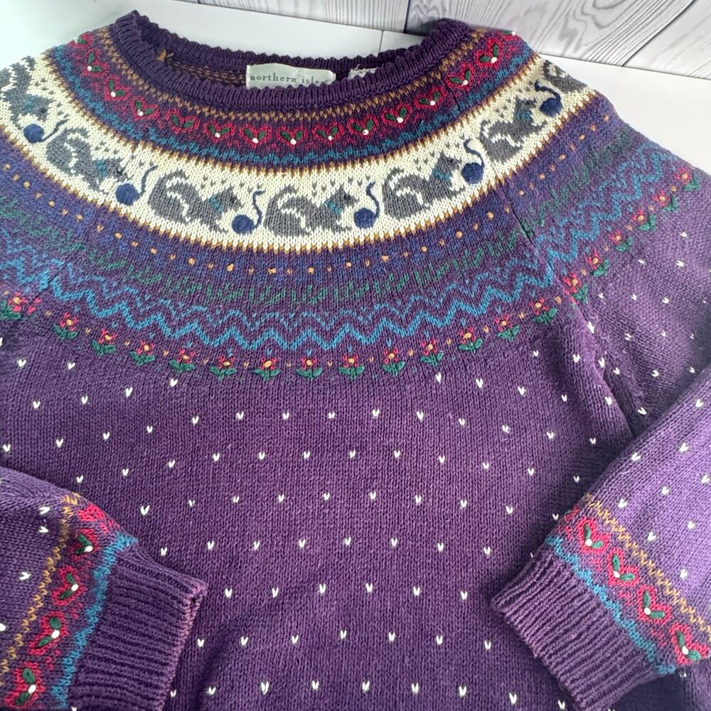 Northern Isles Vintage Cat & Mouse Fair Isle  Pullover  Sweater Medium Hand Emb.